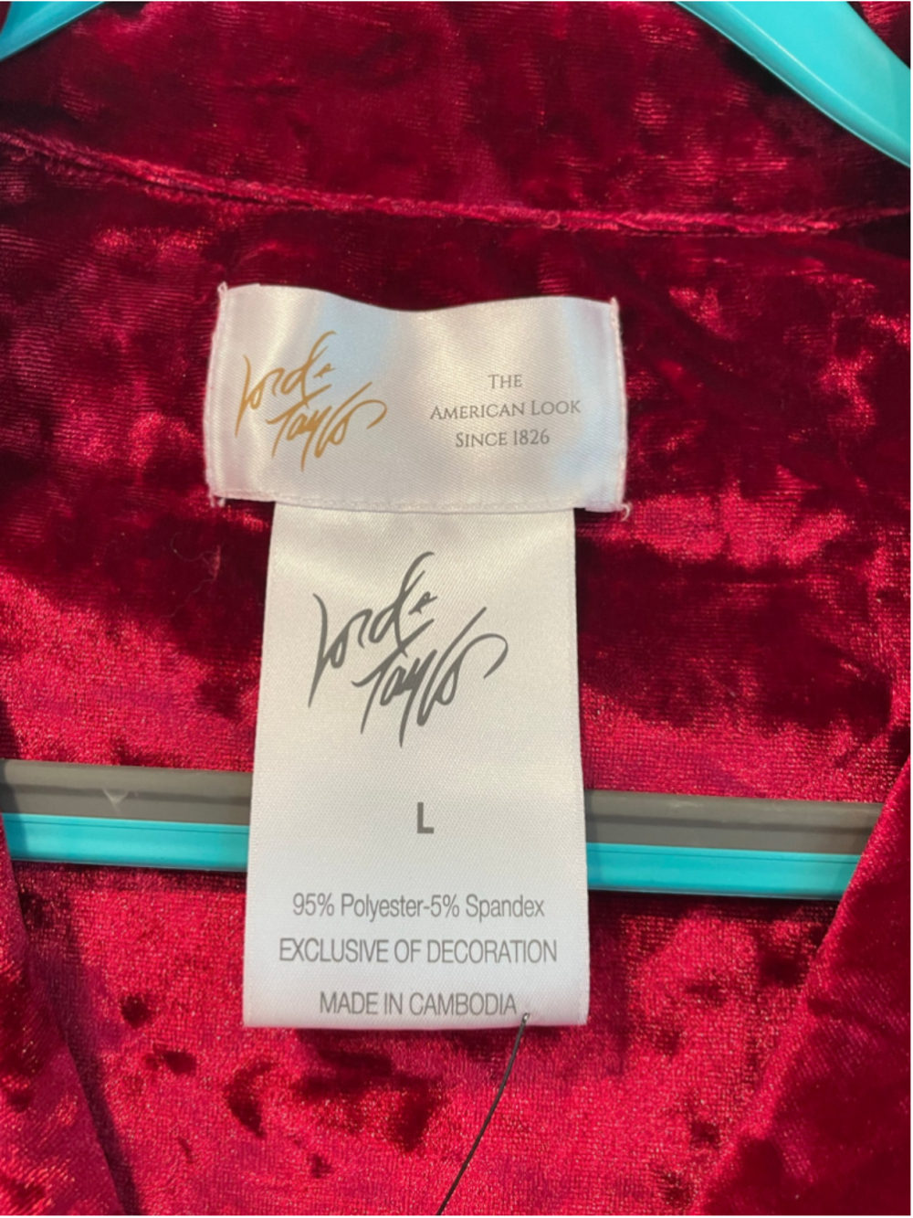 Women's Lord & Taylor Velvet Pajama Top ONLY Red Size Large NWT - Picture 3 of 5
